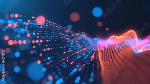 Abstract digital background with glowing blue and orange particles forming dynamic light waves and data streams
