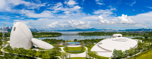 Aerial View of  Shenzhen Bay Cultural Plaza and Shenzhen skyline at Day, Nanshan District, Guangdong, China