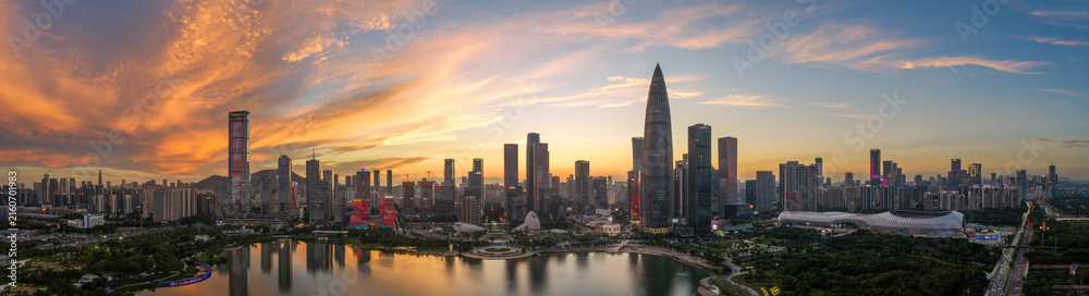 Fototapeta premium Aerial View of Shenzhen skyline at Dusk, Nanshan District, Guangdong, China