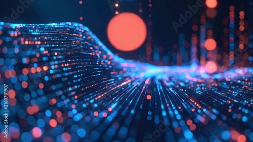 Abstract digital network of flowing blue and orange particles forming a wave