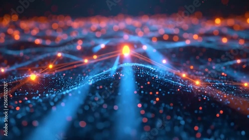 Futuristic digital network connections with bright glowing nodes and blue particle waves