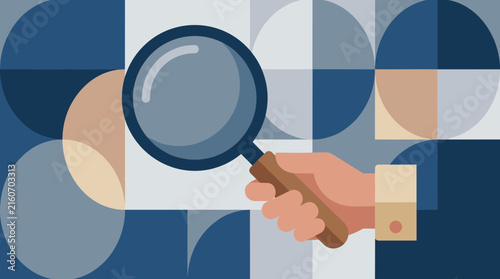 Flat design illustration of a hand holding a magnifying glass against a geometric abstract background, concept for research or analysis