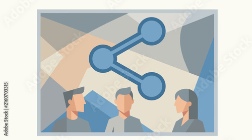 Flat design illustration of diverse people sharing information with a network icon, representing connection and collaboration