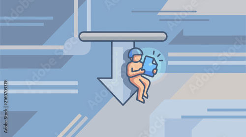 Flat design illustration of a person reading a document, suspended by a download arrow icon, with abstract geometric background
