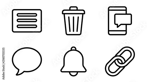 Flat design outline icons for menu, trash, message, chat bubble, bell, and link on white background