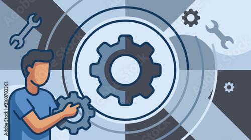 Flat design vector illustration of a person assembling gears and tools, representing teamwork and mechanics