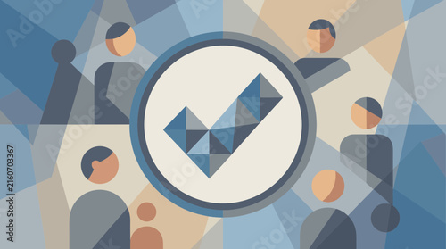 Geometric checkmark icon in circle with abstract figures, flat design, modern graphic element