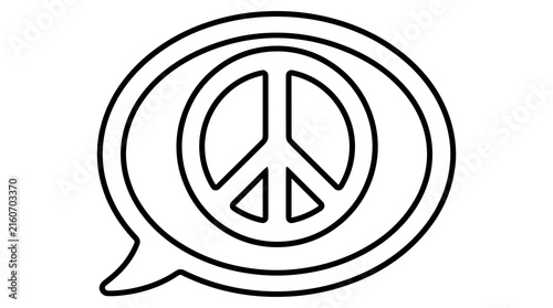 Peace symbol inside a speech bubble, black outline graphic on white background, simple flat design icon