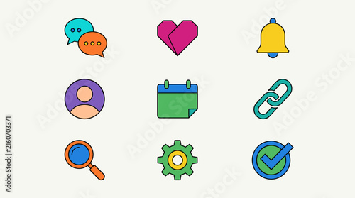 Set of 9 flat design icons for digital interface: chat, heart, bell, user, calendar, link, search, gear, checkmark