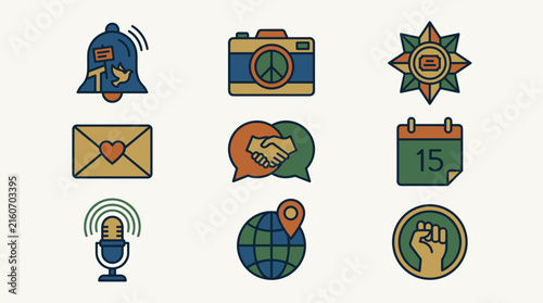 Set of nine flat design icons for communication, social media, and business concepts, isolated on white.