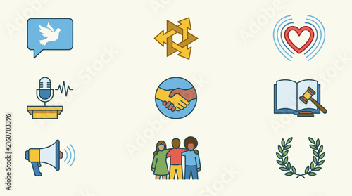 Set of nine flat design icons representing communication, law, community, and success on a light background