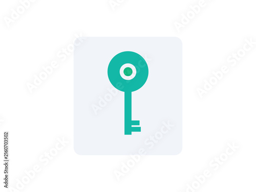 A minimalist flat icon of a green key centered on a light gray rounded square background for interface design