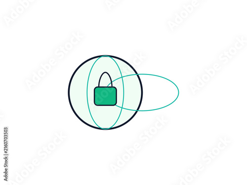 Minimalist digital security icon featuring a green padlock centered within overlapping geometric circles on a clean white background design