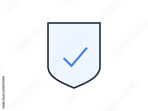 Minimalist digital security shield icon featuring a blue checkmark symbol centered on a clean light blue background graphic