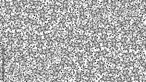 Elegant black and white botanical pattern featuring delicate branches, leaves, and berries arranged in a dense ornamental composition, ideal for textiles, wallpaper, and decorative designs. Ratio 16:9
