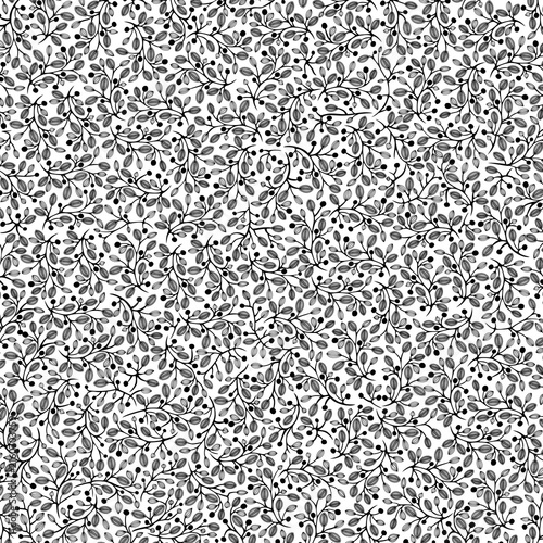 Elegant black and white botanical pattern featuring delicate branches, leaves, and berries arranged in a dense ornamental composition, ideal for textiles, wallpaper, and decorative designs. Ratio 1:1