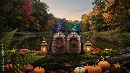 Halloween owls wearing witch hats surrounded by pumpkins in an autumn forest