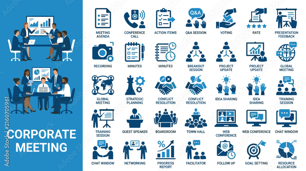 Fototapeta premium Business corporate meeting icon set and professional team scenes