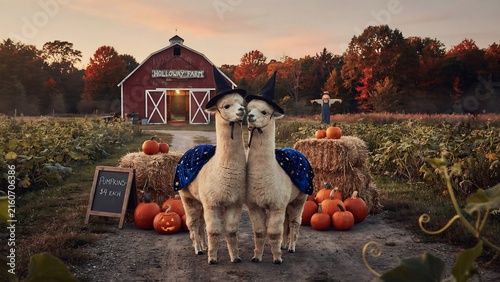 Festive autumn farm scene with alpacas pumpkins barn and colorful countryside