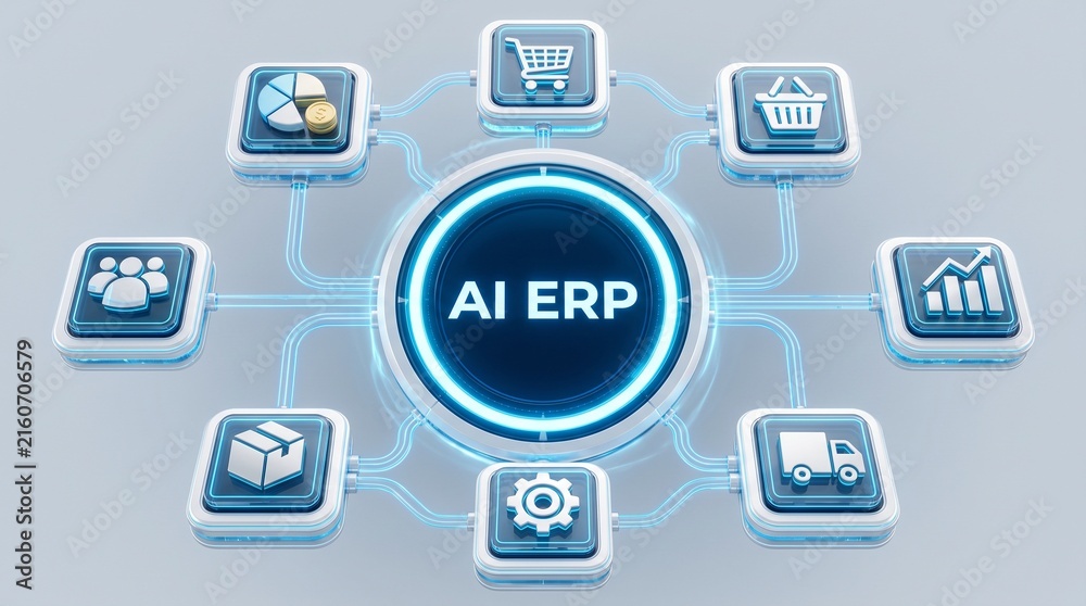 Fototapeta premium ERP icons AI ERP Umgebung KI System. 3D Infografik eines KI-ERP-Systems mit vernetzten Unternehmensbereichen, Business AI System. KI ERP Symbolisch dargestellt