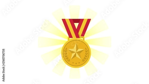 Gold medal animated sparkling with sunburst light ray 1st place award in 4k isolated on white background