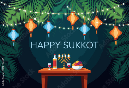 Sukkot Celebration Table with Menorah and Fruit under Palm Fronds