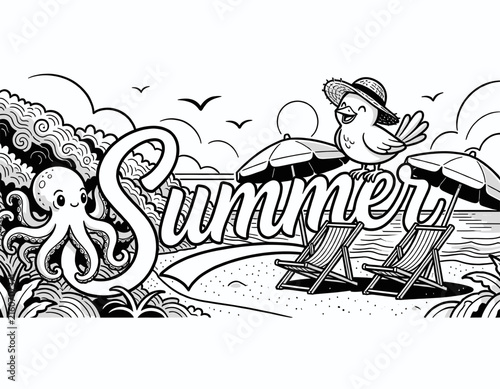 Summer Illustration Featuring Octopus and Bird on Beach Chairs