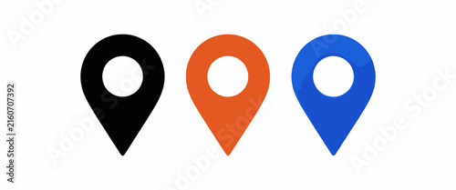Three Colorful Location Pins on White Background