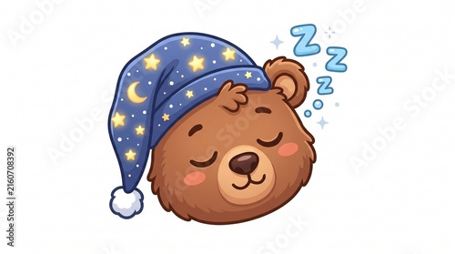 Cute Sleeping Teddy Bear Wearing Nightcap Vector Illustration Isolated on White Background
