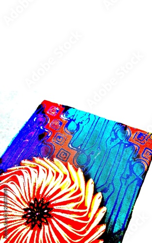 Vibrant abstract fluid art featuring a bold red and white flower-like bloom against textured turquoise, blue and purple waves, creating a striking modern composition with organic patterns and rich col