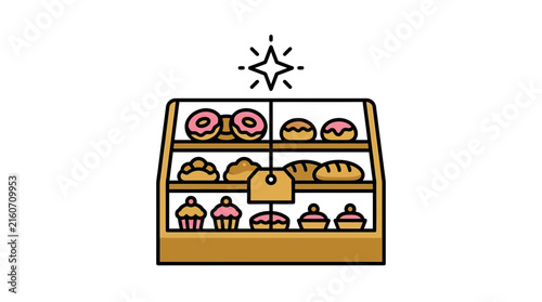 Bakery shelf with muffins and donuts.