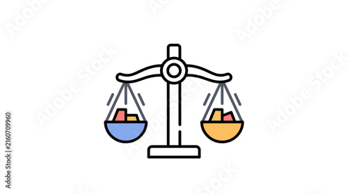 Balance scales weighing colorful geometric blocks.
