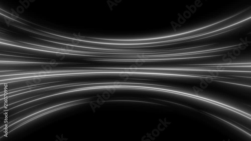 Abstract white neon light waves flowing smoothly across a dark background, creating a futuristic digital motion background.