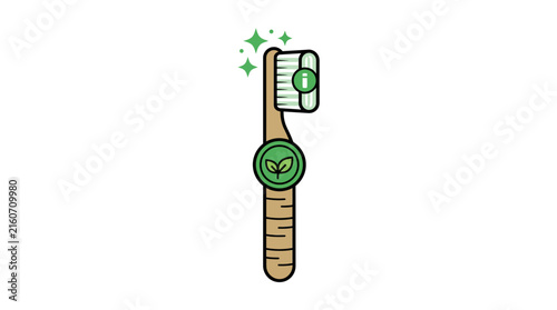 Bamboo toothbrush with circular leaf badge and sparkles.