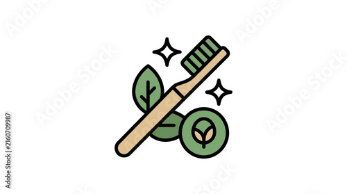 Bamboo toothbrush with leaves and sparkle icon.