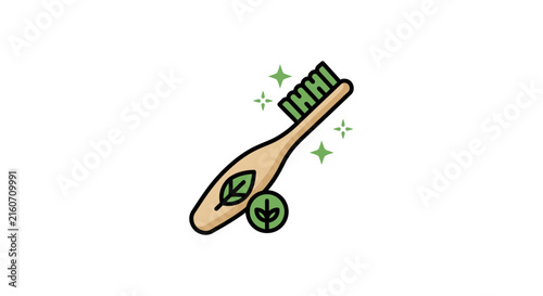 Bamboo toothbrush icon with leaf and sparkle symbols.