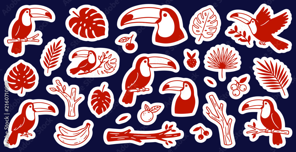 Naklejka premium A collection of red toucan illustrations and tropical leaves on a dark blue background.