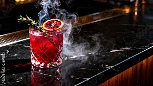 Smoked herbal mocktail with charred rosemary garnish