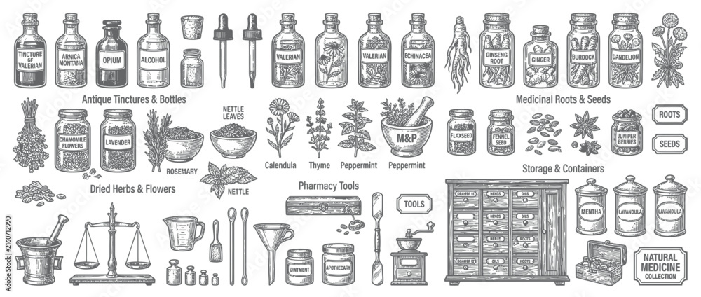 Fototapeta premium Vintage Pharmacy Collection: Herbs, Bottles, and Tools