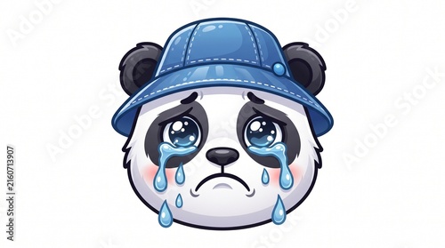 Cute sad crying panda bear head cartoon mascot with blue bucket hat isolated on white background
