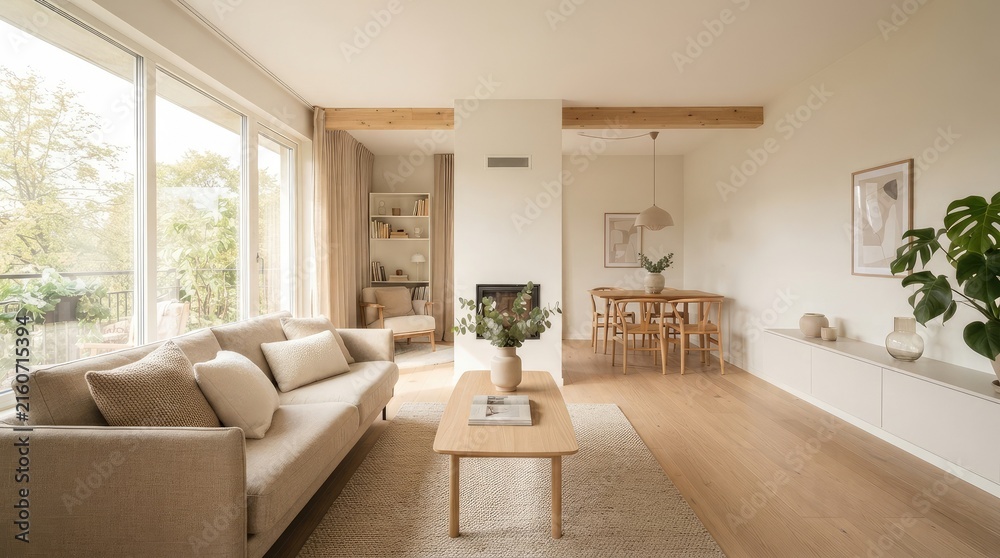 Fototapeta premium Modern Minimalist Living Room Interior Design Featuring Light Wood Furniture and Natural Sunlight in a Spacious Airy Apartment Home