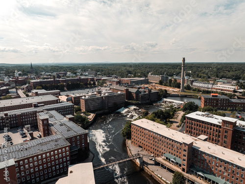 Aerial Drone view of Biddeford, Maine during mid-day with a. panoramic view of the historic district downtown.
