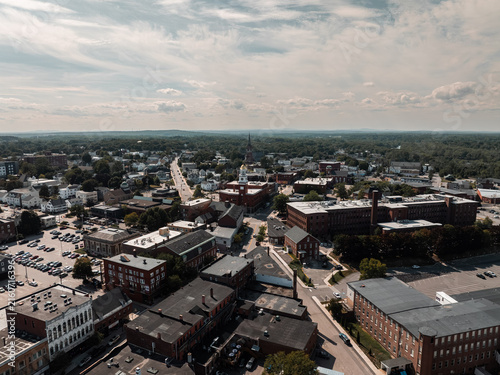 Aerial Drone view of Biddeford, Maine during mid-day with a. panoramic view of the historic district downtown.