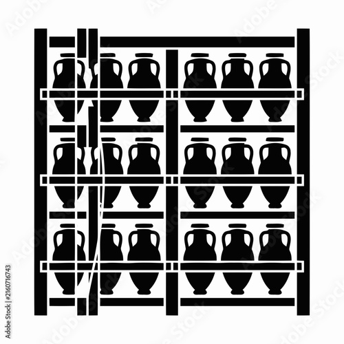 Clay amphora jars are stored neatly on a structured wooden rack.