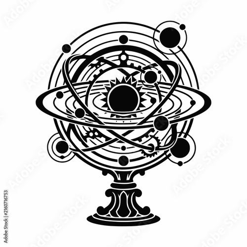 Armillary sphere symbol represents celestial astronomy and planetary orbits.
