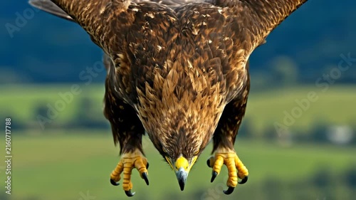 Majestic eagle landing with sharp talons over blurred countryside field