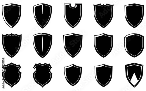 Collection of black shield silhouettes on a white background