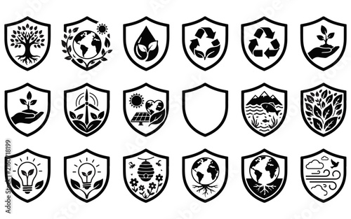 Collection of environmental shield icons with nature and sustainability themes