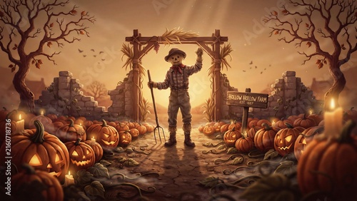 Halloween scarecrow standing in a pumpkin field under a glowing sunset