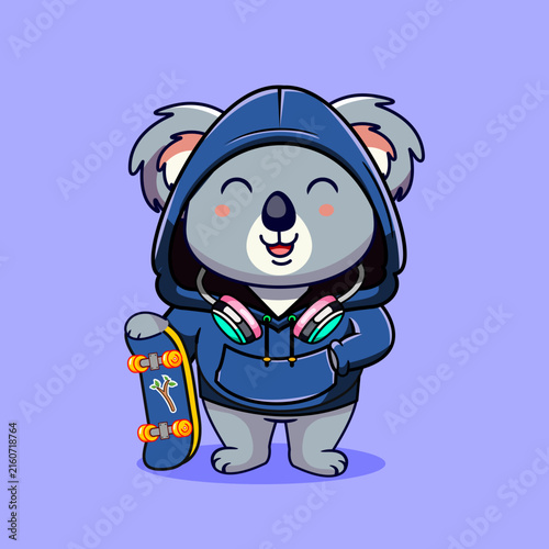 Photography Cute Koala Wearing Hoodie and Headphone Standing with Skateboard, Cartoon Vector